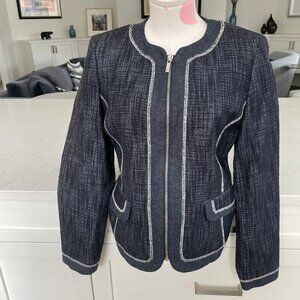 Jones New York Signature Front Zip Cotton Blend Tweed + Denim Jacket Blue Sz 6